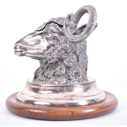 6 - A 19th century Victorian electroplated ram's head inkwell in the manner of Elkington. Raised on a ma... 