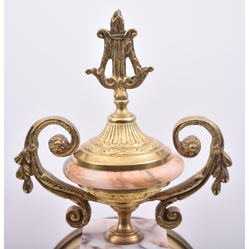 70 - A 19th century French marble & brass Portico mantel clock three piece garniture.  The cylinder head ... 