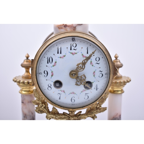 70 - A 19th century French marble & brass Portico mantel clock three piece garniture.  The cylinder head ... 