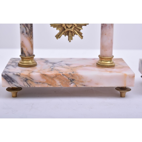 70 - A 19th century French marble & brass Portico mantel clock three piece garniture.  The cylinder head ... 