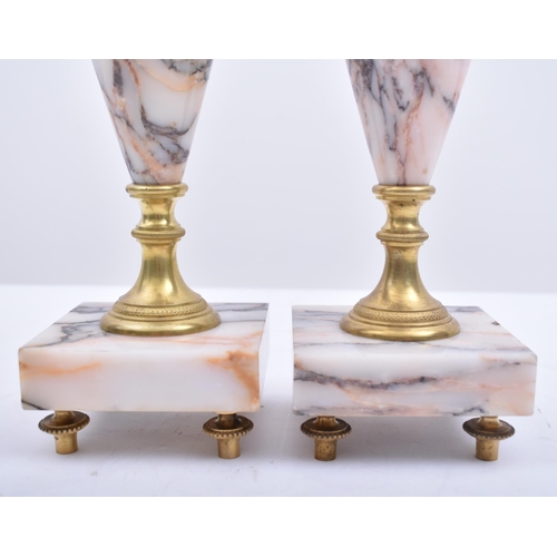 70 - A 19th century French marble & brass Portico mantel clock three piece garniture.  The cylinder head ... 