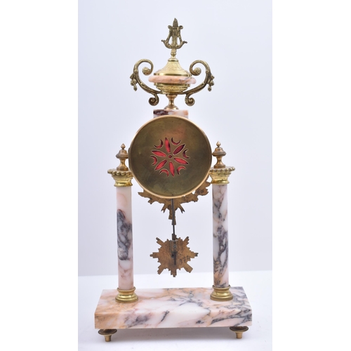 70 - A 19th century French marble & brass Portico mantel clock three piece garniture.  The cylinder head ... 