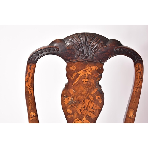 90 - A pair of 18th century Dutch Marquetry and carved walnut side chairs / dining chairs. Both with shel... 