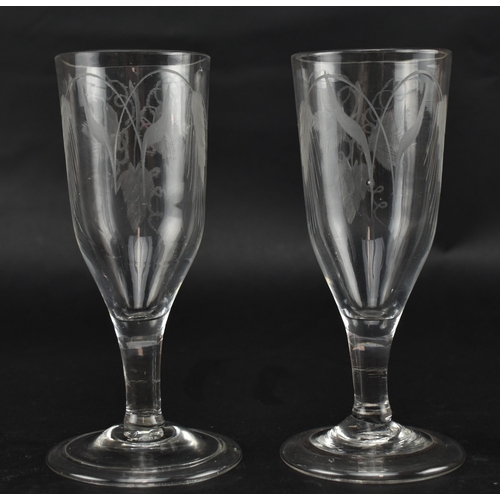 91 - A pair of 18th century plain stem ale glasses. Each glass engraved with hop flower and barley ears r... 