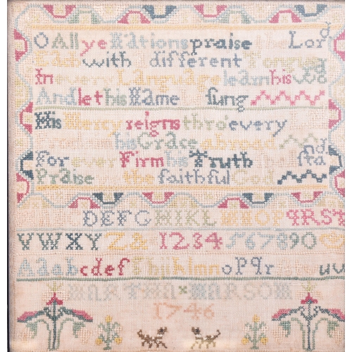 308 - An George II 18th century 1746 needlepoint framed sampler by Martha Marsom. Religious verse, alphabe... 