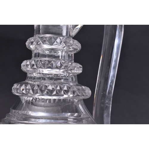 401 - Early 19th century George III cut glass claret jug, with six matched dram glasses. The jug with flow... 