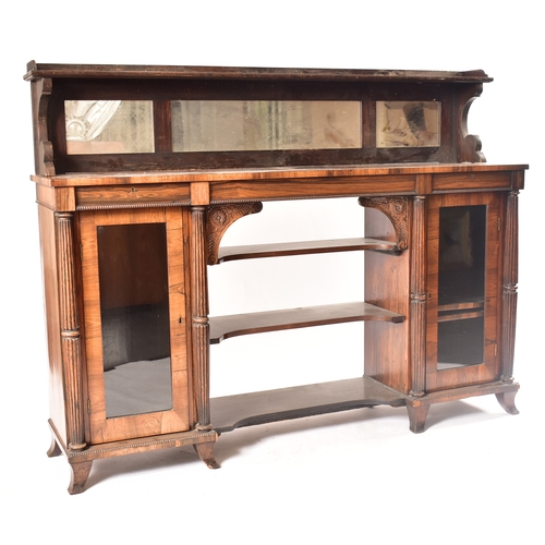 450 - A 19th century rosewood credenza having an open window bookcase with arched top flanked by end glass... 