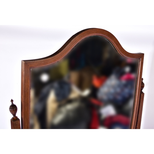 395 - A late Victorian 19th century mahogany inlaid cheval swing floor mirror. The mirror having a shield ... 