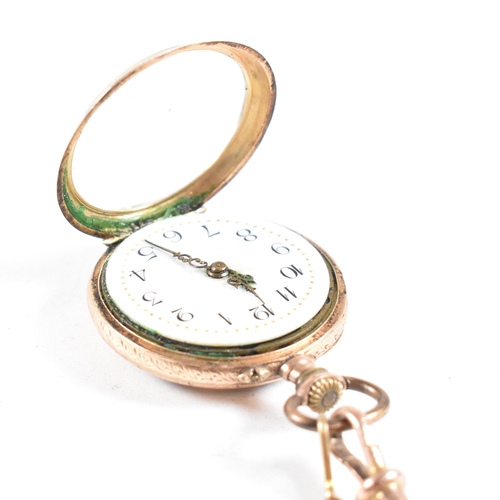 10 - A 19th century gold enamel decorated fob watch on a 9ct gold ribbon brooch pin. The watch having an ... 