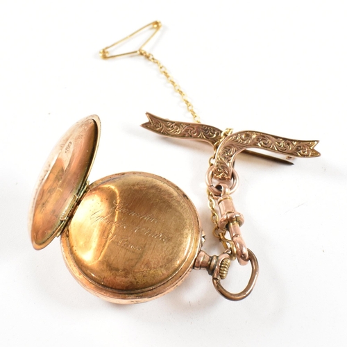 10 - A 19th century gold enamel decorated fob watch on a 9ct gold ribbon brooch pin. The watch having an ... 