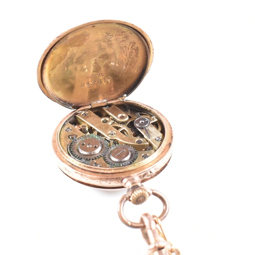 10 - A 19th century gold enamel decorated fob watch on a 9ct gold ribbon brooch pin. The watch having an ... 