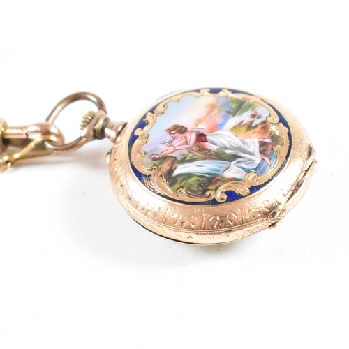 10 - A 19th century gold enamel decorated fob watch on a 9ct gold ribbon brooch pin. The watch having an ... 