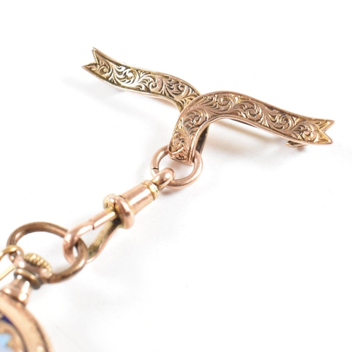 10 - A 19th century gold enamel decorated fob watch on a 9ct gold ribbon brooch pin. The watch having an ... 