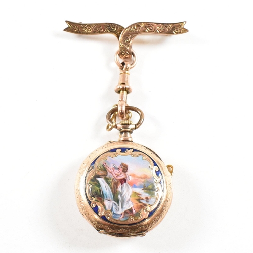 10 - A 19th century gold enamel decorated fob watch on a 9ct gold ribbon brooch pin. The watch having an ... 