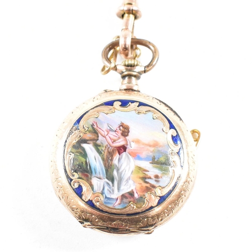 10 - A 19th century gold enamel decorated fob watch on a 9ct gold ribbon brooch pin. The watch having an ... 