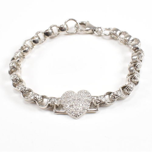 101 - A contemporary silver bracelet with heart shaped clasp set with cubic zirconia CZ. Marked Birmingham... 