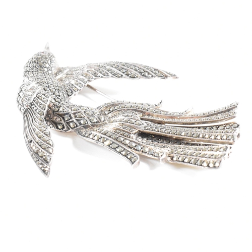 102 - A large hallmarked 925 silver and marcasite brooch pin in the form of a bird of paradise having a re... 