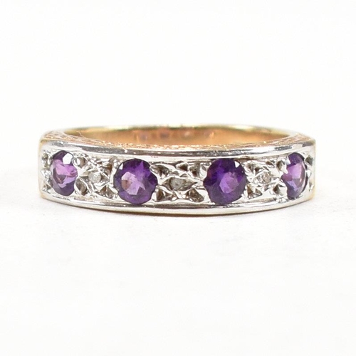 103 - A hallmarked 9ct gold amethyst and diamond half eternity ring. Weight 3.6g. Size N. All weights, mea... 