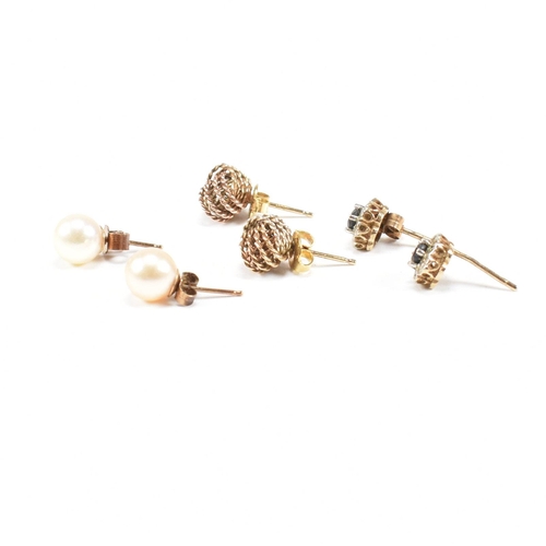 104 - Three pairs of gold earrings. The earrings to include knot marked 375. Cultured pearl unmarked. Sapp... 