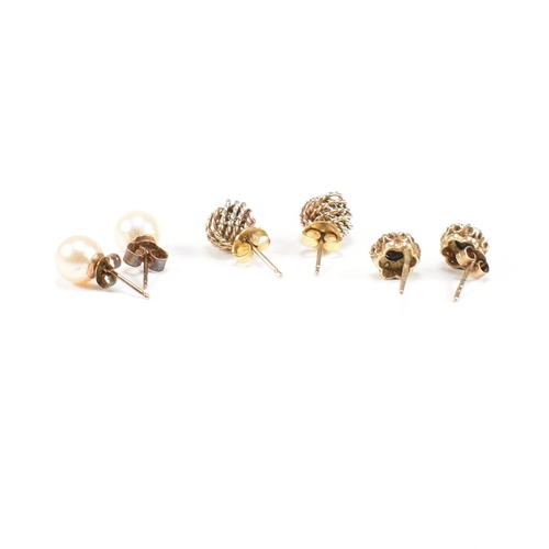 104 - Three pairs of gold earrings. The earrings to include knot marked 375. Cultured pearl unmarked. Sapp... 