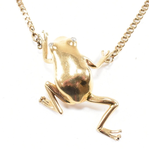 108 - A 9ct gold frog pendant necklace. The necklace strung with a large frog pendant having diamond set e... 