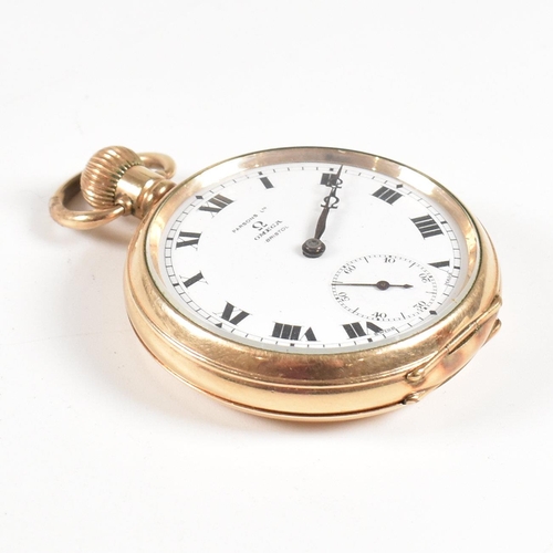 109 - An Omega open faced gold plated pocket watch retailed by Parsons Ltd , Bristol. Dennison moon case w... 