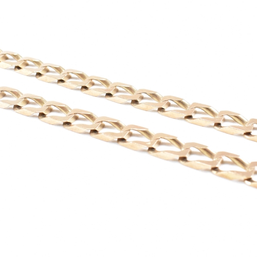 114 - A gold square curb link chain necklace. The necklace marked 375 Italy. Weight 32g. Measures 46cm. Al... 