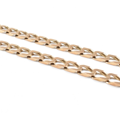 114 - A gold square curb link chain necklace. The necklace marked 375 Italy. Weight 32g. Measures 46cm. Al... 