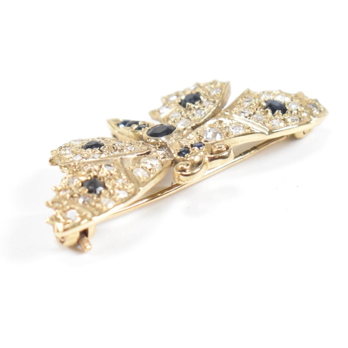 12 - A hallmarked 1970s 9ct gold sapphire and diamond butterfly brooch pin. Hallmarked London 1970 to bod... 