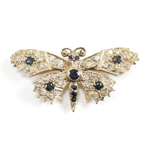 12 - A hallmarked 1970s 9ct gold sapphire and diamond butterfly brooch pin. Hallmarked London 1970 to bod... 