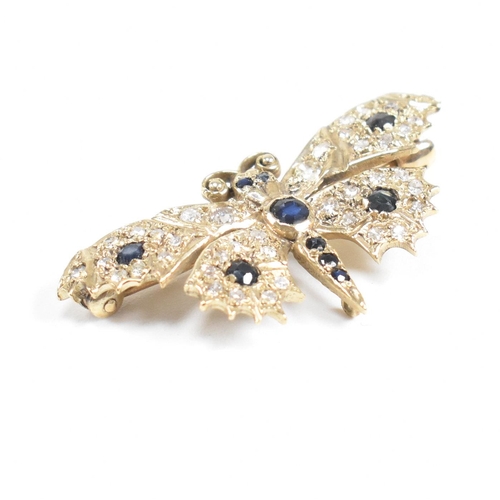 12 - A hallmarked 1970s 9ct gold sapphire and diamond butterfly brooch pin. Hallmarked London 1970 to bod... 