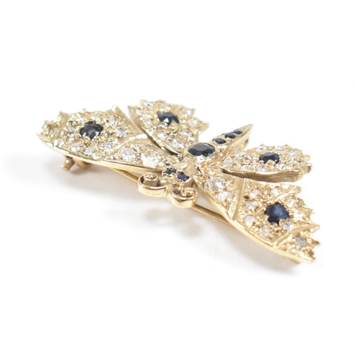 12 - A hallmarked 1970s 9ct gold sapphire and diamond butterfly brooch pin. Hallmarked London 1970 to bod... 