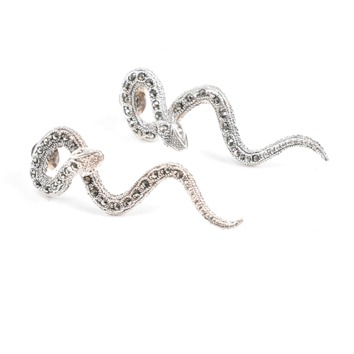 120 - A pair of contemporary 925 silver and marcasite novelty snake earrings. Combined weight approx 5.7g.... 