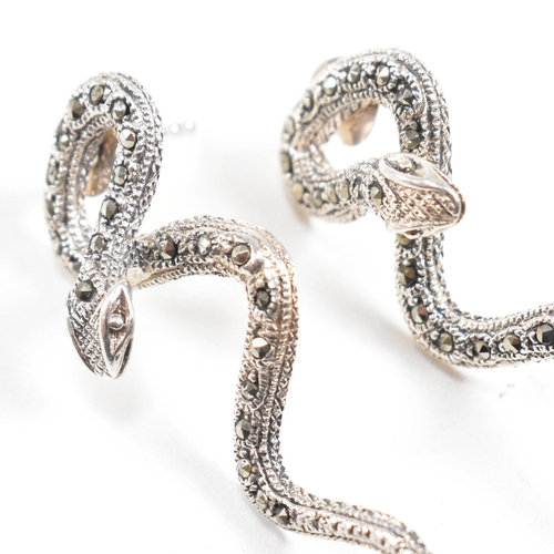 120 - A pair of contemporary 925 silver and marcasite novelty snake earrings. Combined weight approx 5.7g.... 