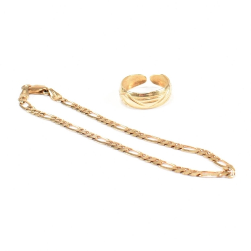 126 - A hallmarked 9ct gold Figaro chain link bracelet. Together with a yellow metal toe ring - tests indi... 