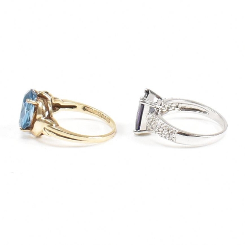 130 - Two 9ct gold dress rings. The rings to include a purple and white CZ set ring, size O. A hallmarked ... 