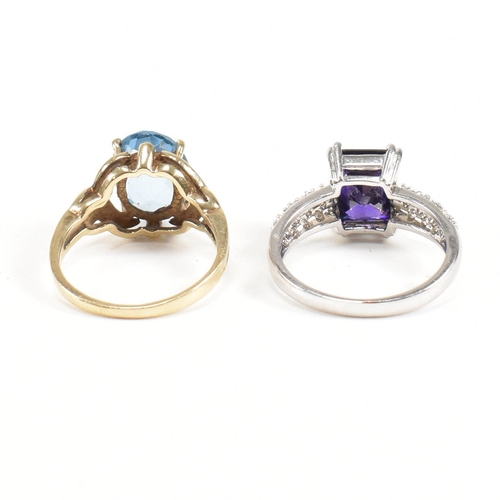 130 - Two 9ct gold dress rings. The rings to include a purple and white CZ set ring, size O. A hallmarked ... 