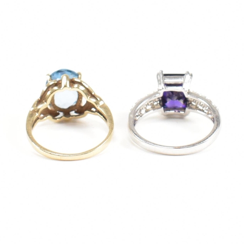 130 - Two 9ct gold dress rings. The rings to include a purple and white CZ set ring, size O. A hallmarked ... 