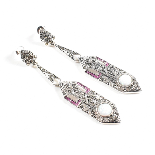 140 - A pair of contemporary 925 silver and marcasite and synthetic opal Art Deco style drop earrings. Wei... 