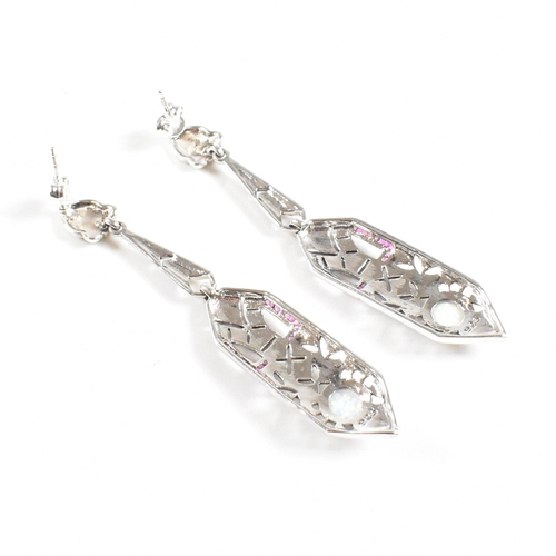 140 - A pair of contemporary 925 silver and marcasite and synthetic opal Art Deco style drop earrings. Wei... 