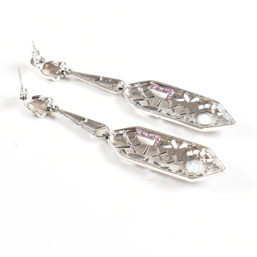 140 - A pair of contemporary 925 silver and marcasite and synthetic opal Art Deco style drop earrings. Wei... 