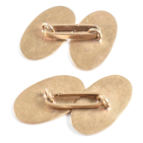 144 - A pair of 9ct gold cufflinks. The cufflinks in oval form. Stamped 9ct to ovals, and link. Weight 7g.... 