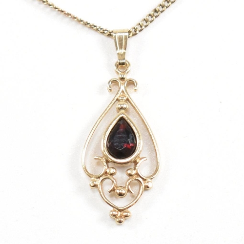 155 - A contemporary hallmarked 9ct gold and garnet Art Nouveau style pendant necklace. Weight 3.6g. Chain... 