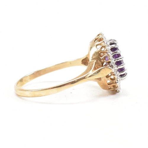 158 - A hallmarked 9ct gold amethyst and diamond halo ring. Weight 2.7g. Size N. All weights, measurements... 