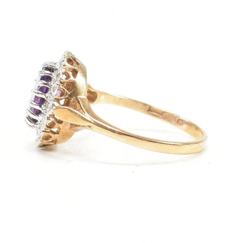 158 - A hallmarked 9ct gold amethyst and diamond halo ring. Weight 2.7g. Size N. All weights, measurements... 