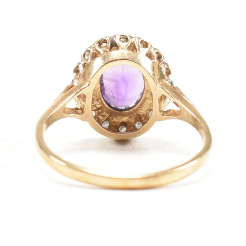 158 - A hallmarked 9ct gold amethyst and diamond halo ring. Weight 2.7g. Size N. All weights, measurements... 