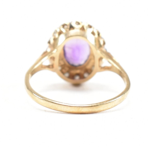 158 - A hallmarked 9ct gold amethyst and diamond halo ring. Weight 2.7g. Size N. All weights, measurements... 