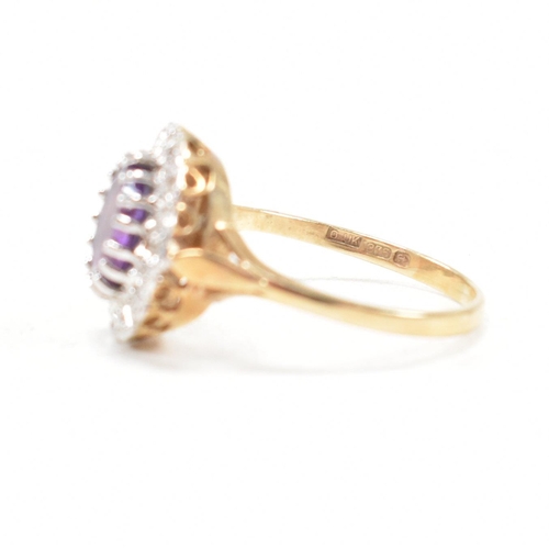 158 - A hallmarked 9ct gold amethyst and diamond halo ring. Weight 2.7g. Size N. All weights, measurements... 