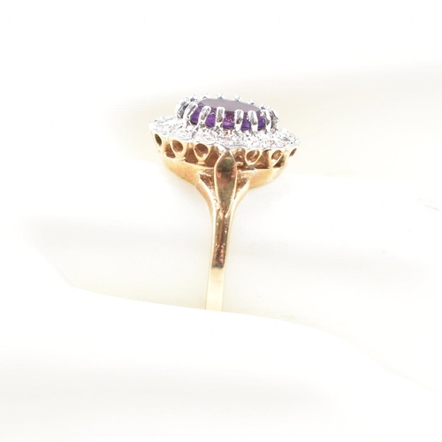 158 - A hallmarked 9ct gold amethyst and diamond halo ring. Weight 2.7g. Size N. All weights, measurements... 