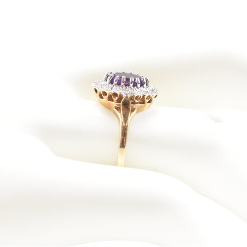 158 - A hallmarked 9ct gold amethyst and diamond halo ring. Weight 2.7g. Size N. All weights, measurements... 